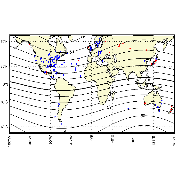 1859年の太陽嵐発生時のオーロラの可視範囲 (Hayakawa et al. 2019)