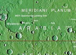 （Miyamotoクレーターの位置を示した火星図）